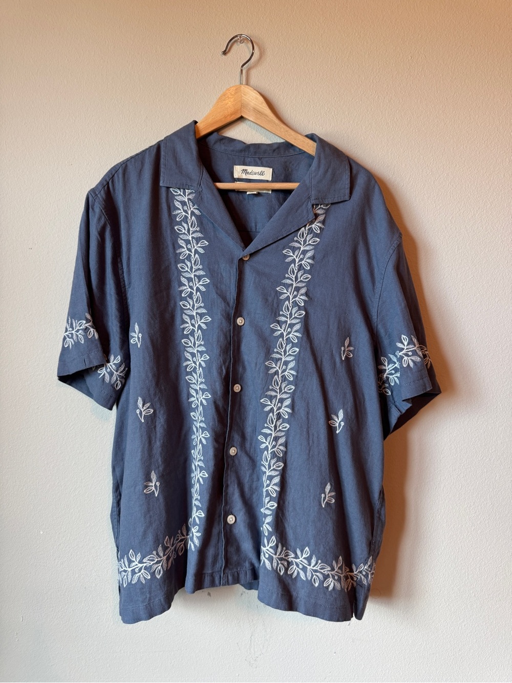 Madewell Navy Blue Short-Sleeve Embroidered Button-Down Shirt